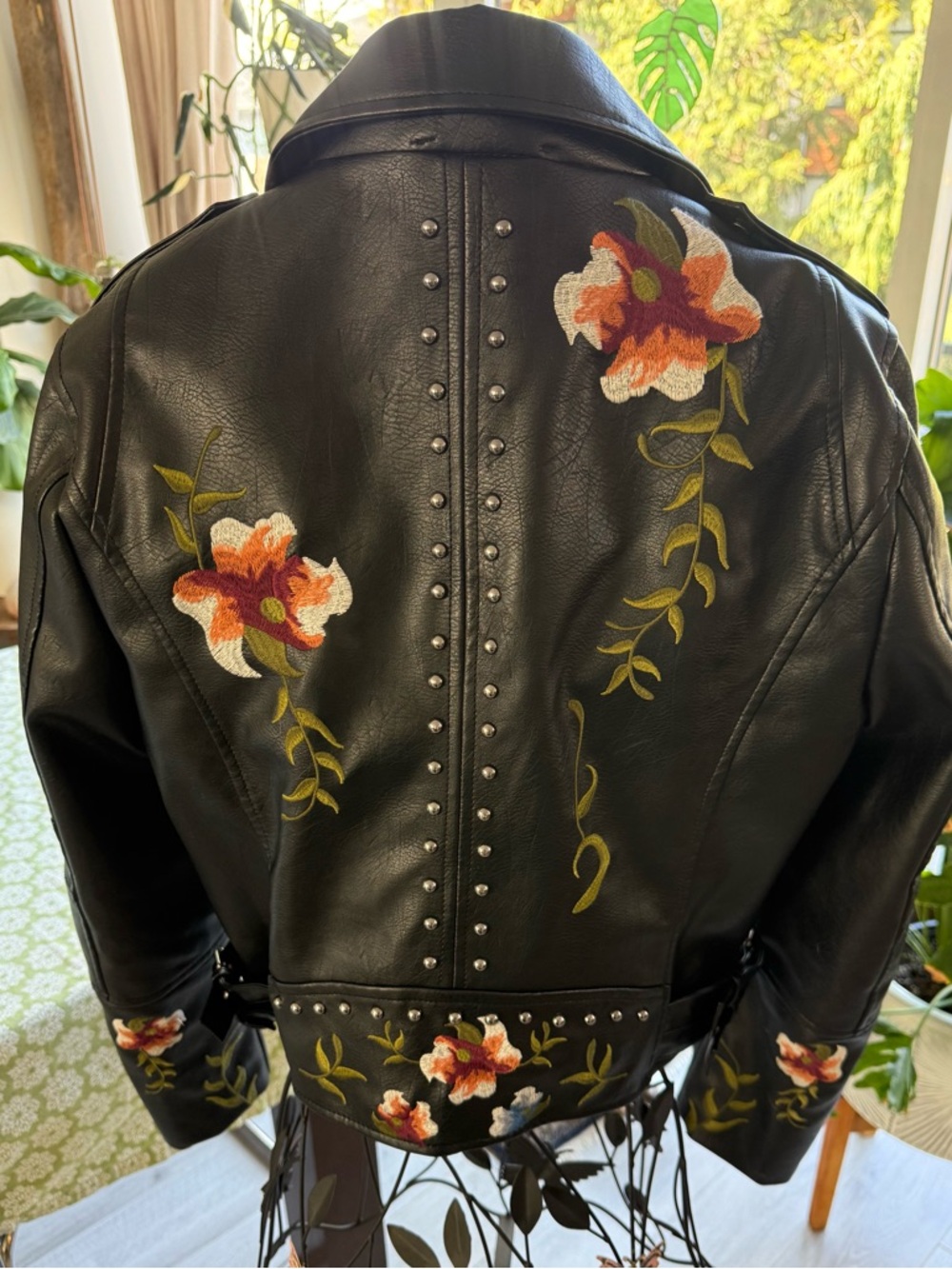 Women's Black Embroidered Faux Leather Moto Jacket - Picture 9 of 14